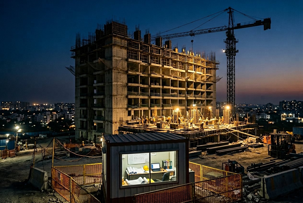 Indian construction site at dusk